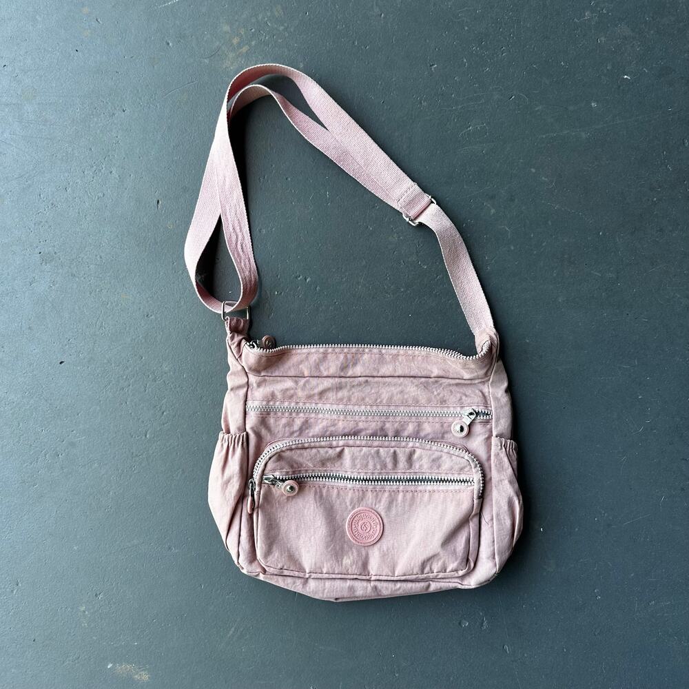 Y2K Dusty Pink Multi Pocket Nylon Crossbody Shoulder Bag Travel Purse